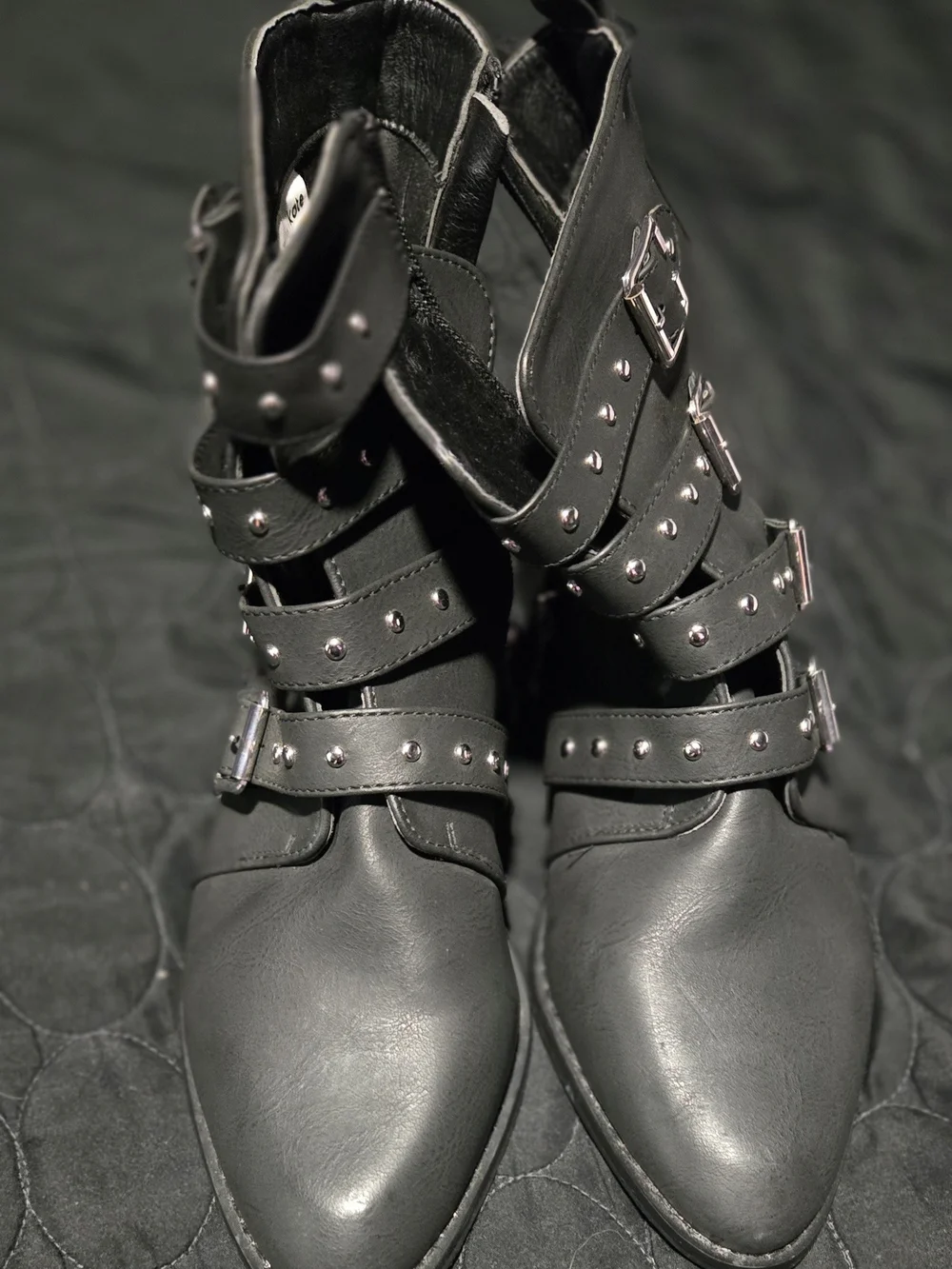 Black Studded Buckle Ankle Boots - Women's